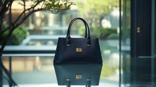 Structured product shot isolates textured leather handbag on glass