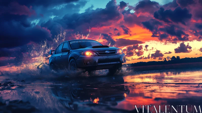 Rally car storms through water under blazing sunset sky