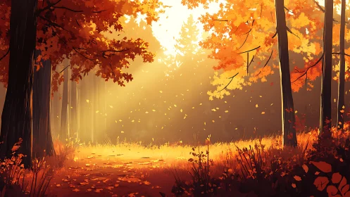 Autumn Forest Luminescence: Backlit Deciduous Canopy with Leaf Fall.