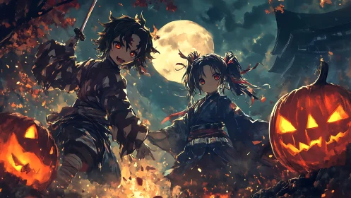 Moonlit tricksters among blazing pumpkins on Halloween night.