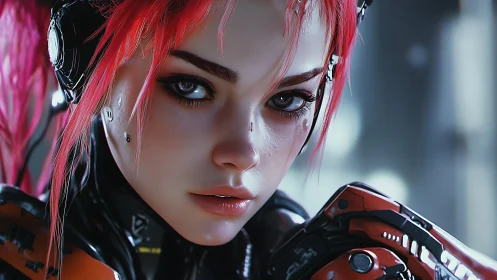 Cyberpunk daydream with a neon-haired android guardian.