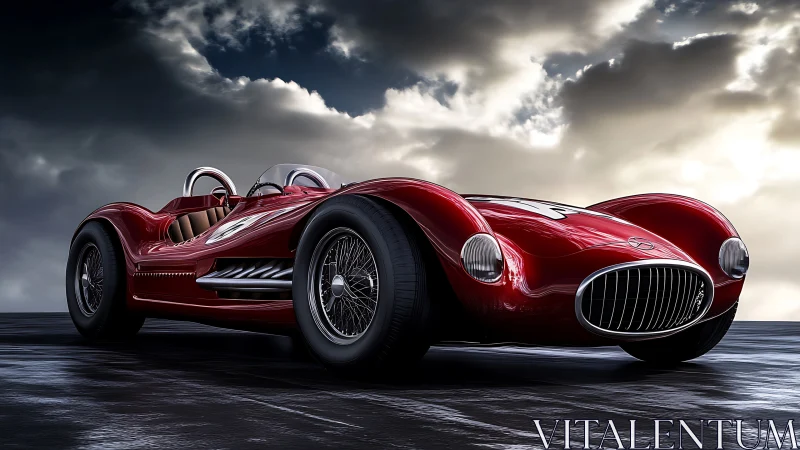 Crimson vintage racer prowls beneath storm-brightened clouds