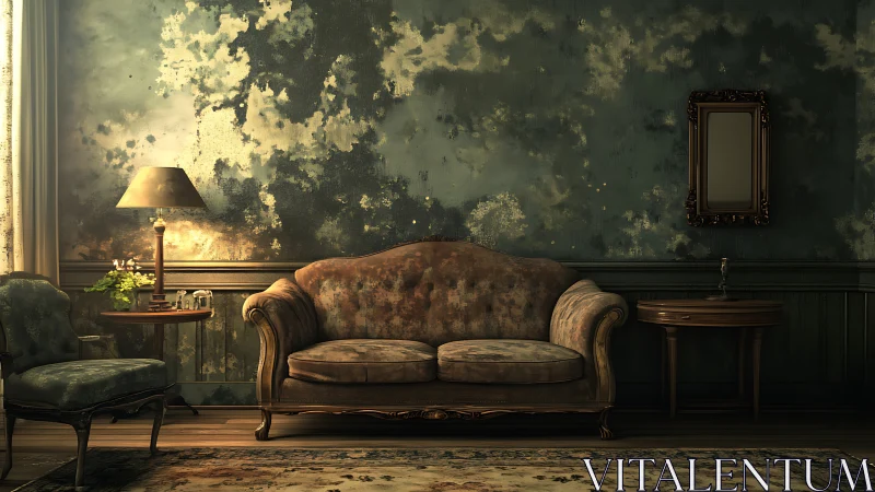 Vintage sofa against distressed green wall in moody light.