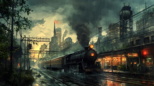 Rain-soaked night train carves steam through neon city haze