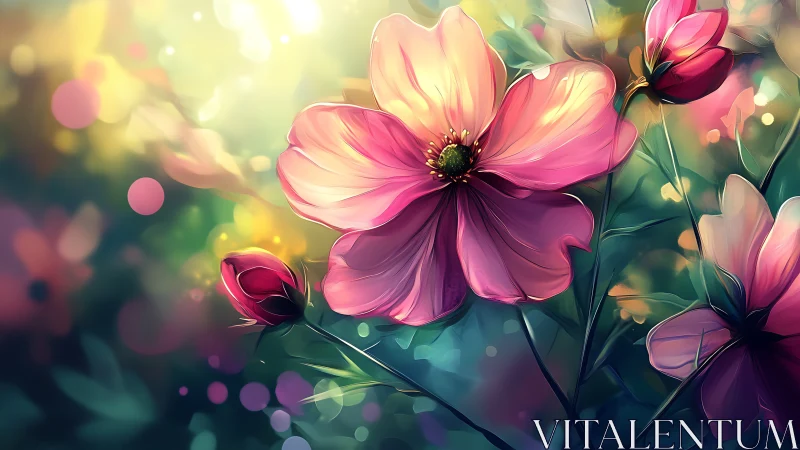 Vibrant pink flower close-up in soft glowing garden light.