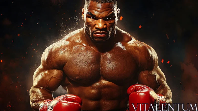Professional boxer displaying musculature with dramatic studio lighting and particle effects.