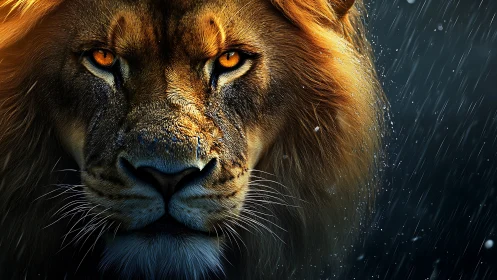 Hyperreal lion portrait with rain, golden rim lighting, bokeh