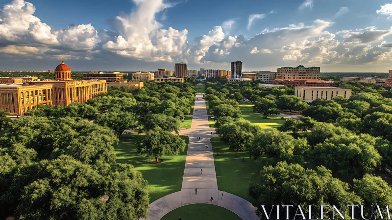 Tree-lined campus promenade with academic buildings visible.
