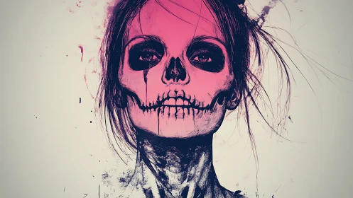 Stylized frontal portrait merging human face and skull form.