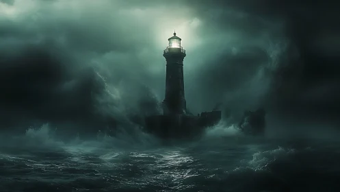 Storm-lashed lighthouse projects cold beam through dark sea