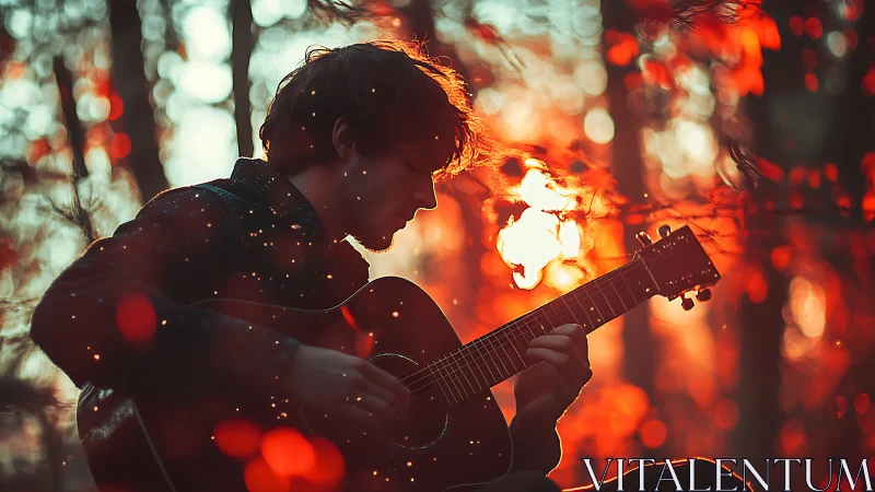 Silhouette of guitarist outdoors with warm orange bokeh light.