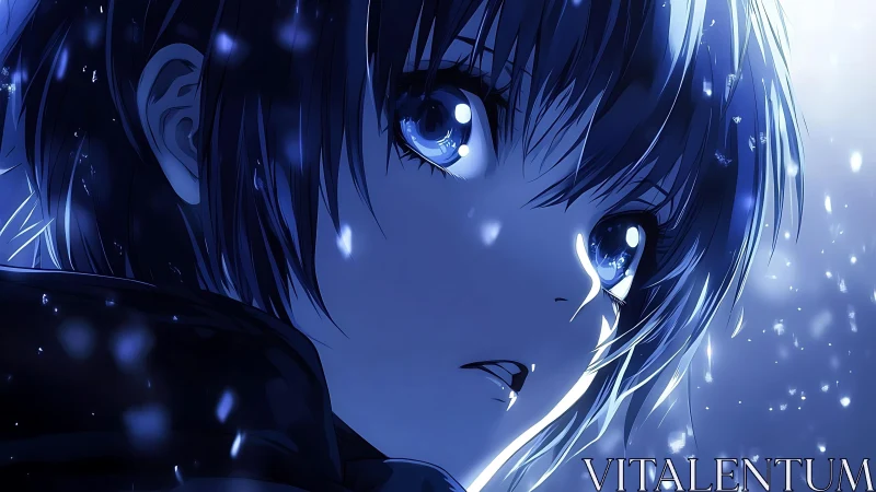 Blue lit anime girl stares through swirling winter snow.