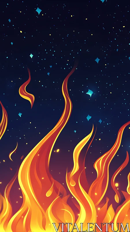 Stylized flame illustration with celestial background elements and gradient layering