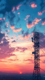 Cell tower rises against vibrant pink and blue sunset sky