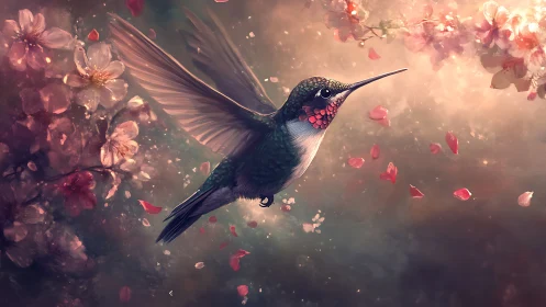Hummingbird in midair amid soft petals and blossoms.