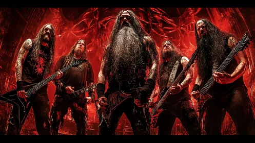 Thunderous metal band united in a fierce red stage glow.
