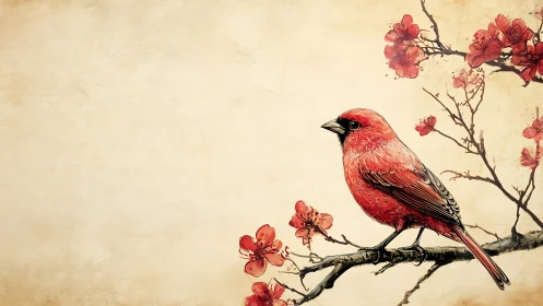 Red songbird rests on blooming branch against aged parchment