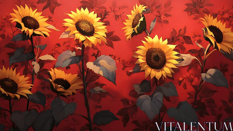 Sunflowers Dancing Against Crimson Warmth.