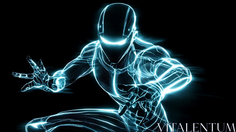 Neon outlined cyber warrior lunges forward in dark void