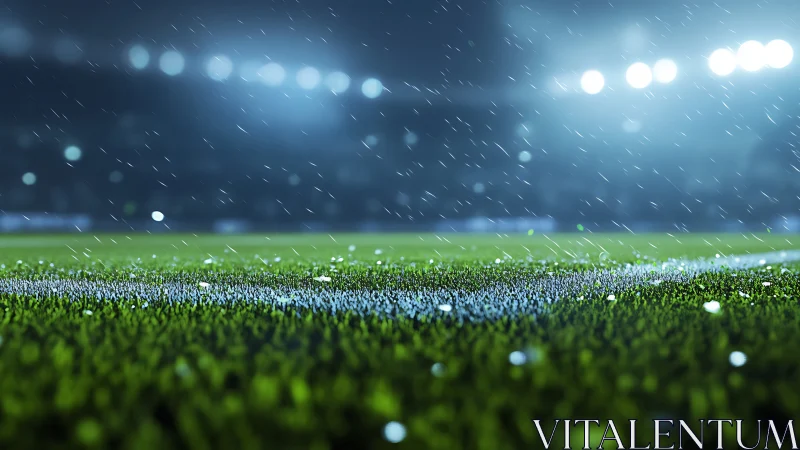 Rainy night soccer field glowing softly under stadium lights.