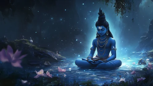 Moonlit river hushes as blue mystic child blooms in stillness