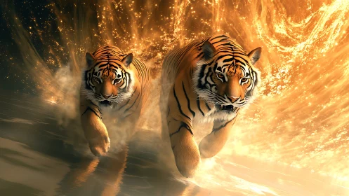 Twin Tigers Blazing Through Cosmic Inferno
