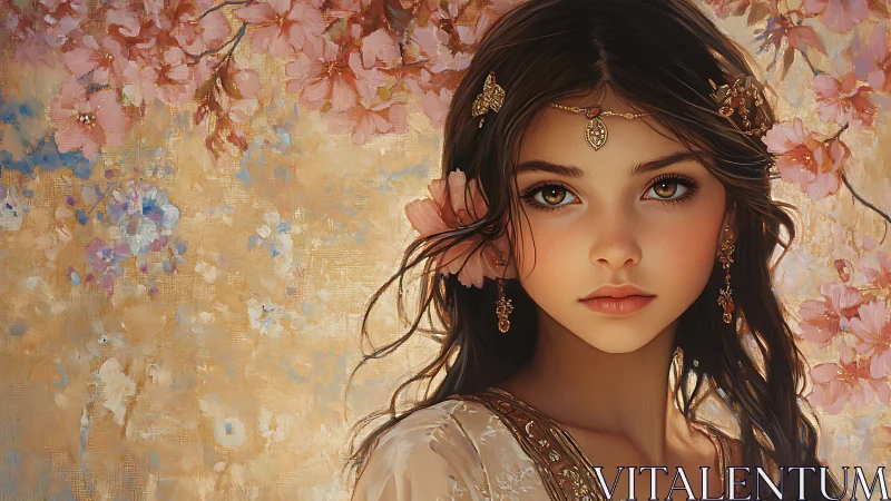 Romantic digital portrait with floral backdrop composition.