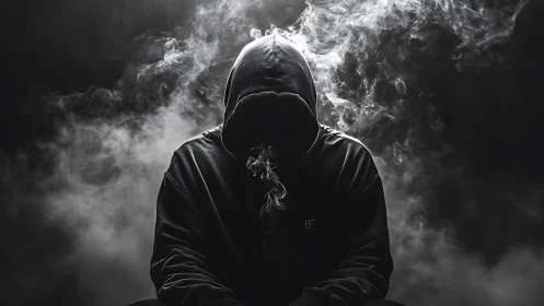 Hooded silhouette enveloped in dramatic monochrome smoke lighting