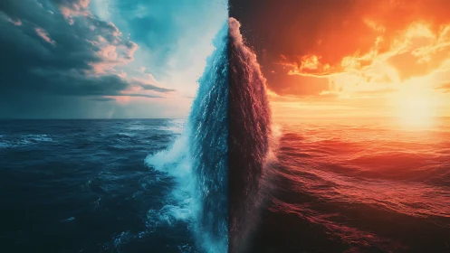 Surreal bifurcated ocean horizon with vertical waterwall construct.