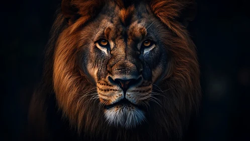 Lion portrait is rendered with controlled dramatic lighting