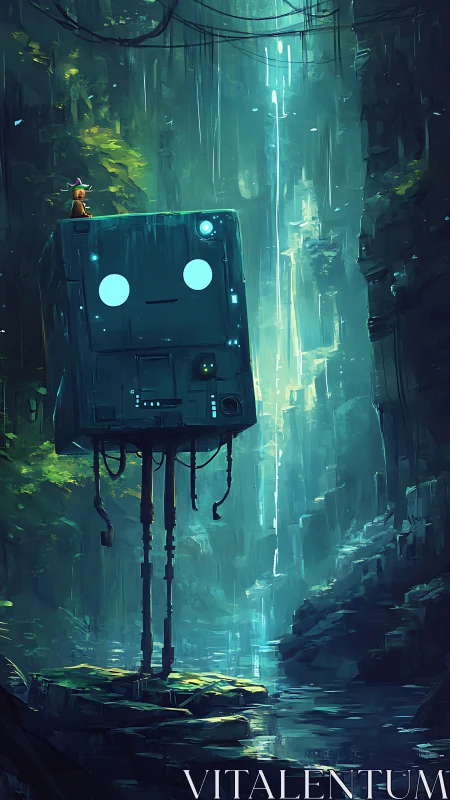 Giant boxy robot stands in misty canyon with waterfall