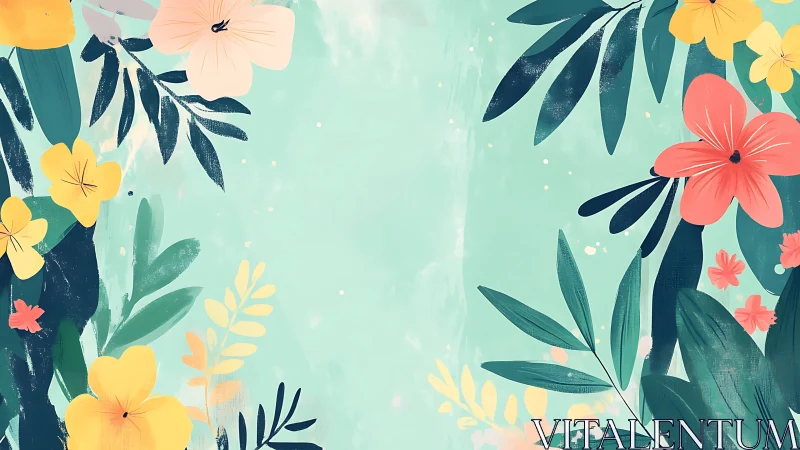 Botanical vector composition with chromatic floral elements and teal palette scheme. Digital illustr