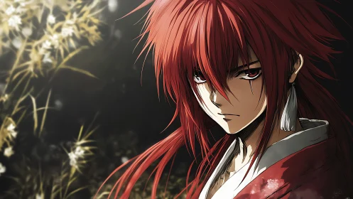 Red-haired anime swordsman rendered in side-lit portrait