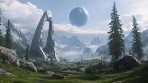 Quiet alien valley where mist meets luminous sky portal.