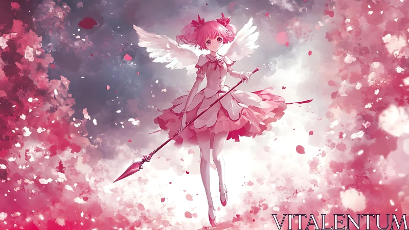 Winged magical girl drifts amid pink clouds and petals.