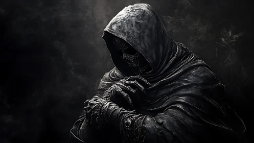 Hooded skeletal figure in tattered cloak on dark background.