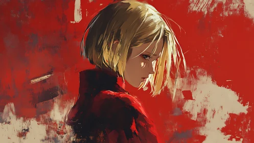 Melancholic blonde portrait against abstract crimson field.