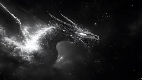 Monochrome cosmic dragon emerges from nebular cloud mass with luminous scales