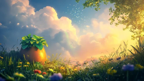 Volumetric sunrise illuminates potted foliage in stylized meadow