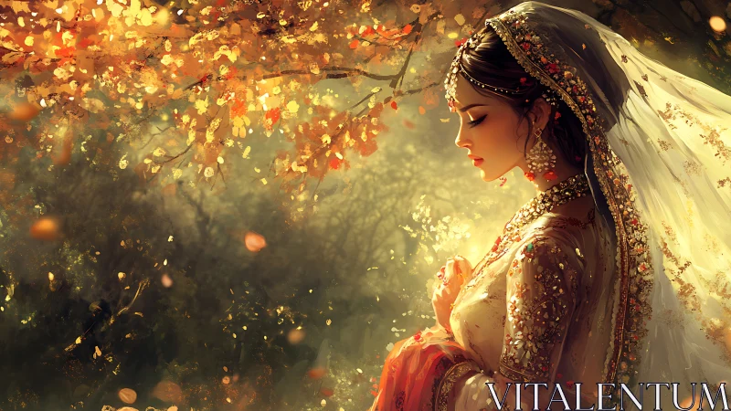 Profile view shows ornate bride standing in diffuse autumn light