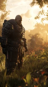 Armored soldier standing in sunlit forest clearing environment.