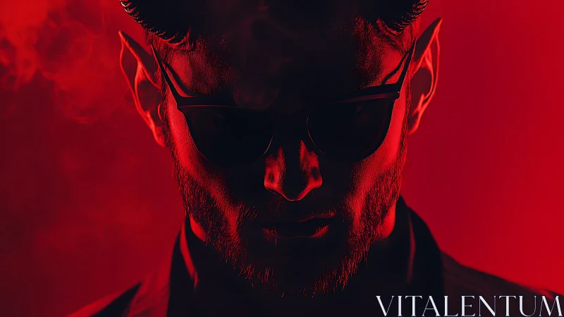 Devil horned man in sunglasses under harsh red light.