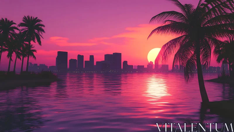 Neon tropic skyline reflects across magenta sunset bay.