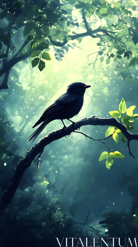 Backlit songbird on mossy branch in misty forest clearing