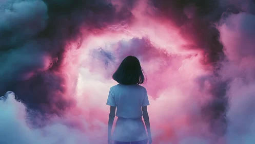 Backlit girl facing luminous magenta and cyan fog vortex