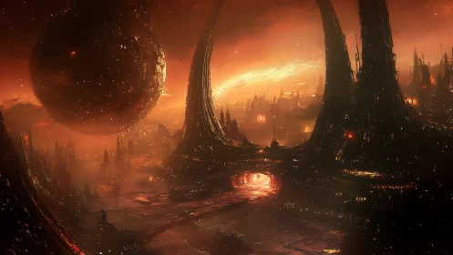 巨型球体と赤い空に包まれた未来都市の全景。