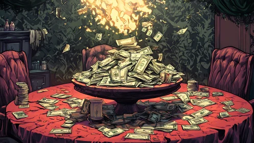 Opulent casino table overloaded with airborne banknotes.