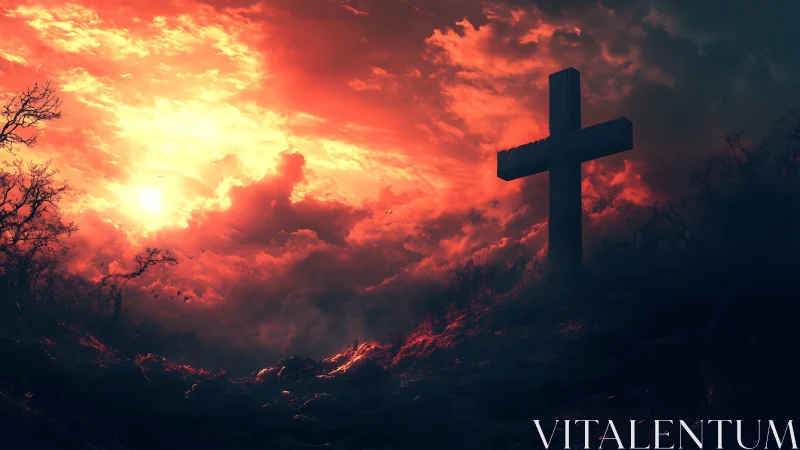 Cross silhouette against high-contrast crimson storm sunset sky