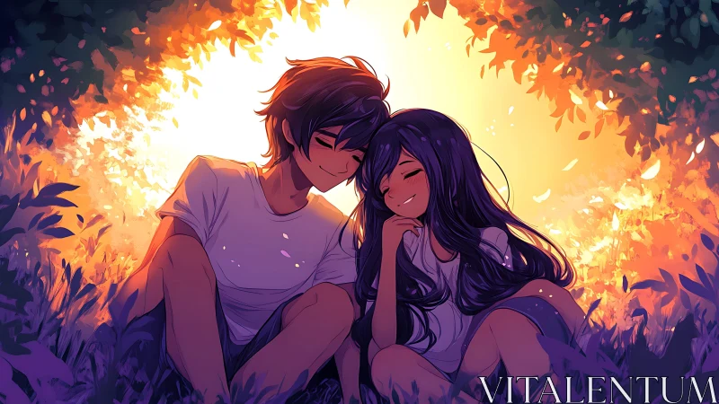 Young couple shares intimate moment beneath glowing autumn leaves.