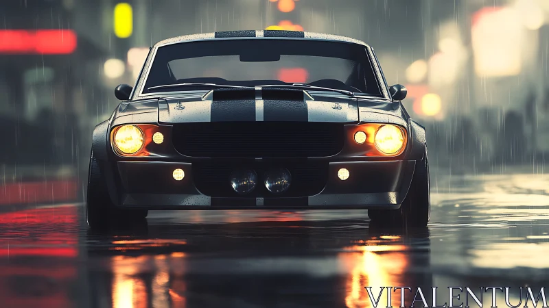 Muscle car front view in cinematic rainy neon streetscape.